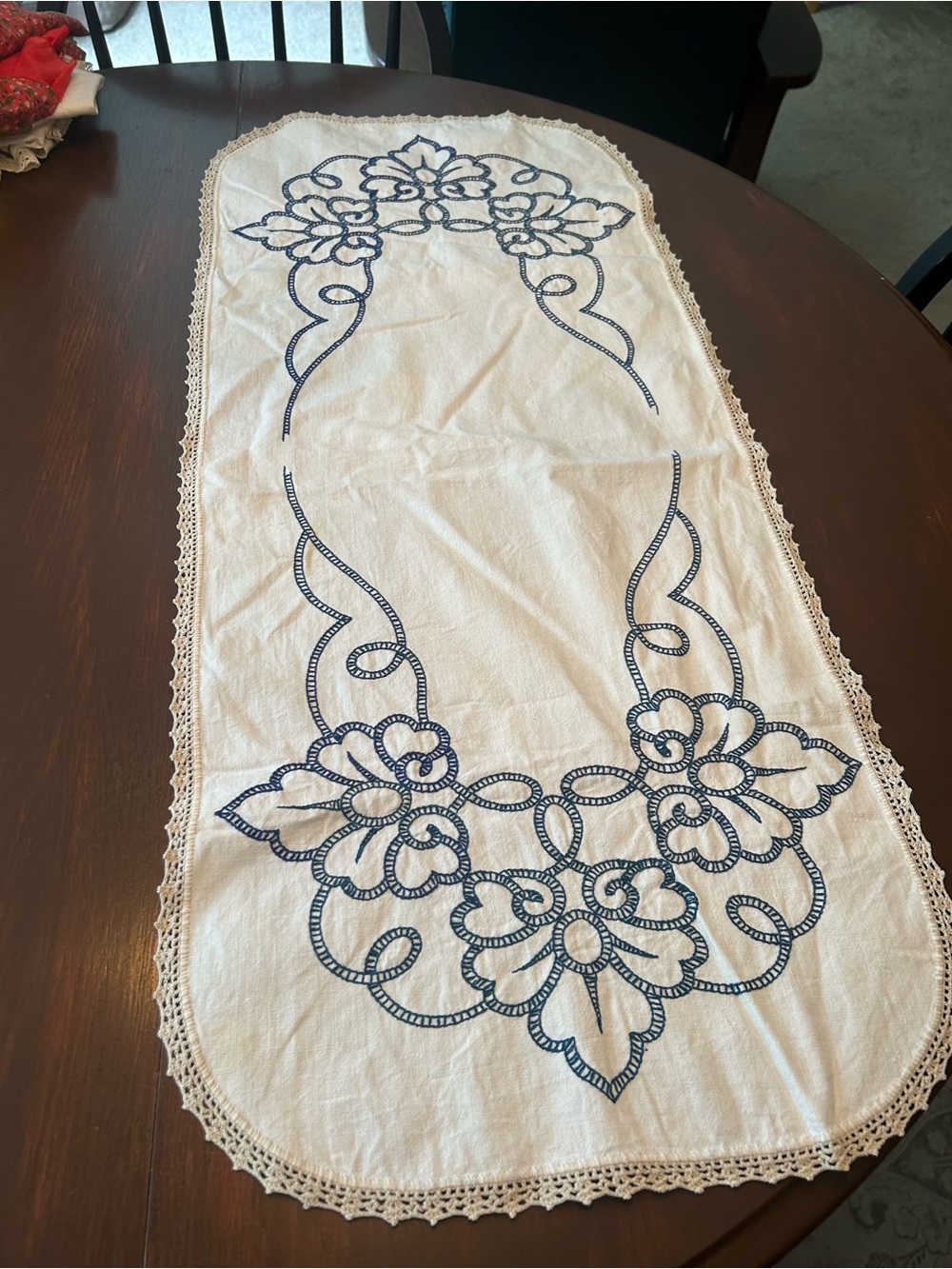 Embroidered White Table Runner with Blue Floral Design 38 in by 16 in